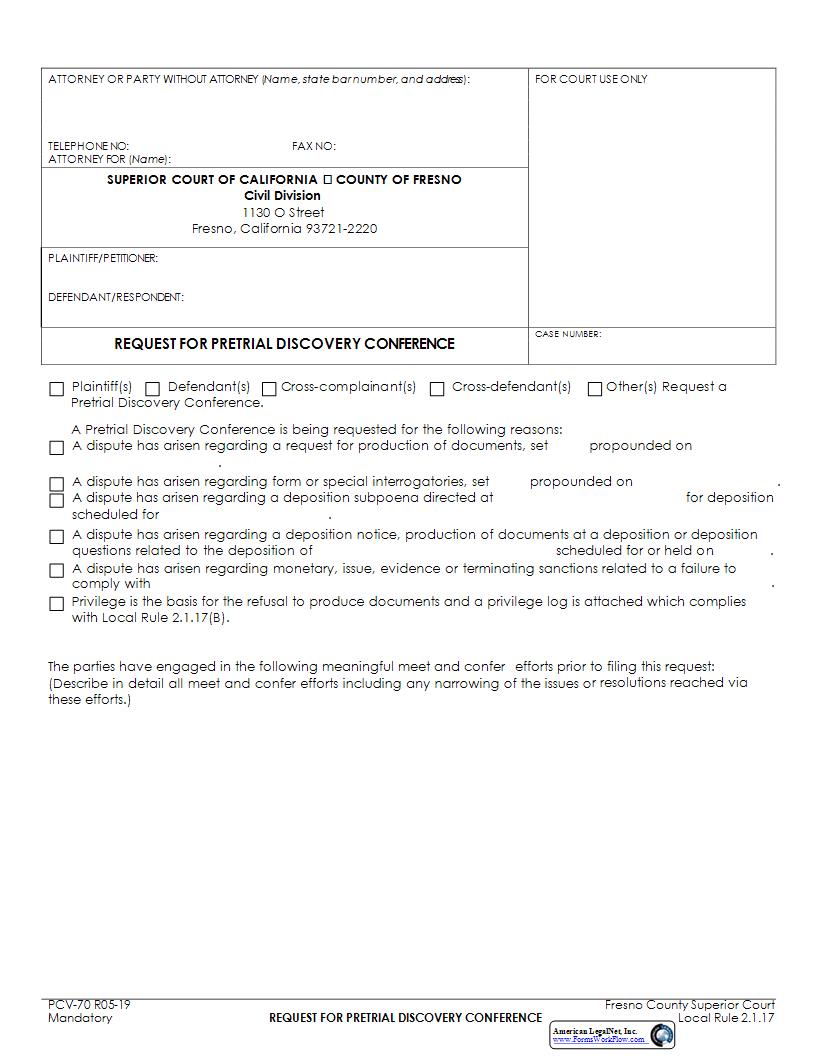Request For Pretrial Discovery Conference {PCV-70} | Pdf Fpdf Docx | California