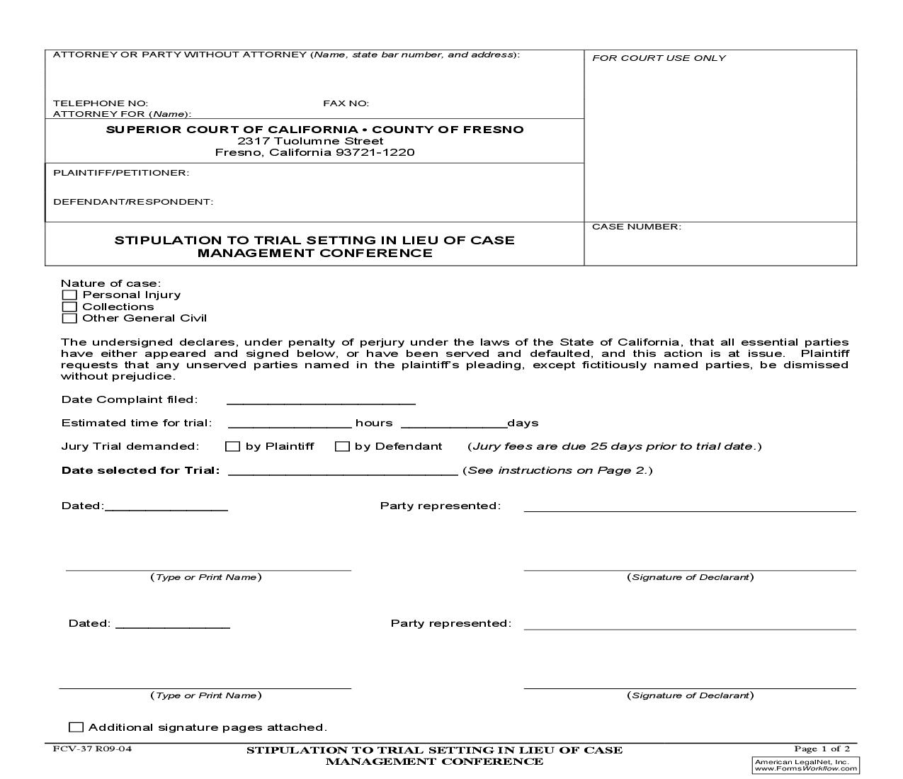 Stipulation To Trial Setting In Lieu Of Case Management Conferences {FCV-37} | Pdf Fpdf Doc Docx | California
