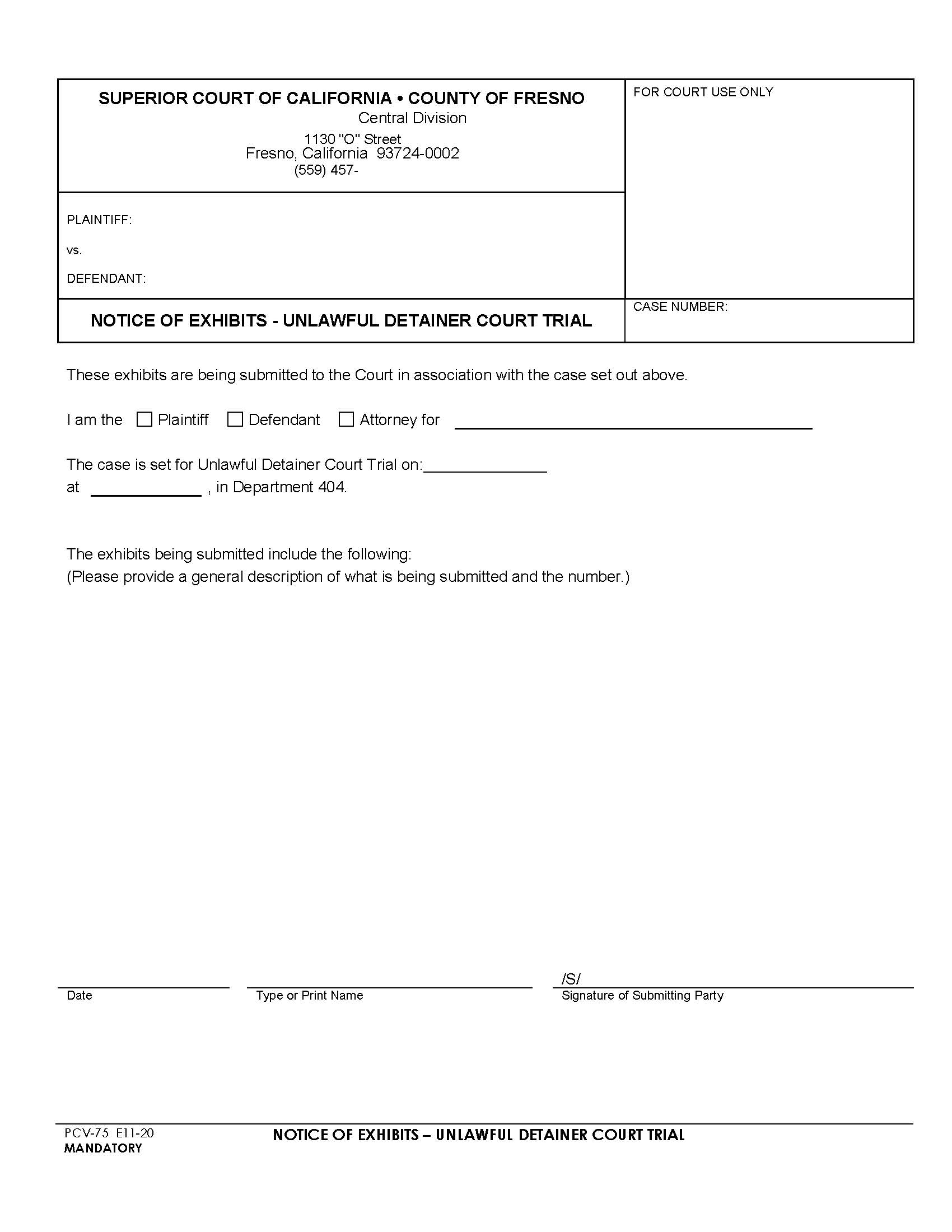 UD Court Trial Exhibit Form (Notice Of Exhibits-Unlawful Detainer) {PCV-75} | Pdf Fpdf Docx | California