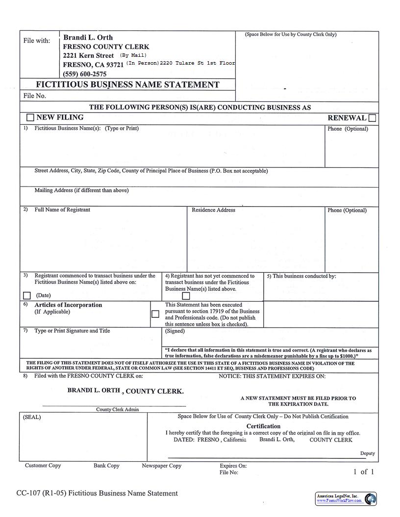 Fictitious Business Name Statement (Fresno) | Pdf Fpdf Docx | California