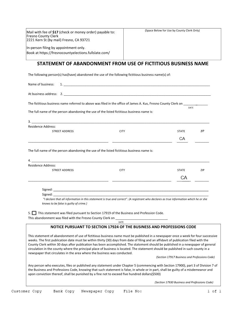 Statement Of Abandonment From Use Of Fictitious Business Name | Pdf Fpdf Doc Docx | California