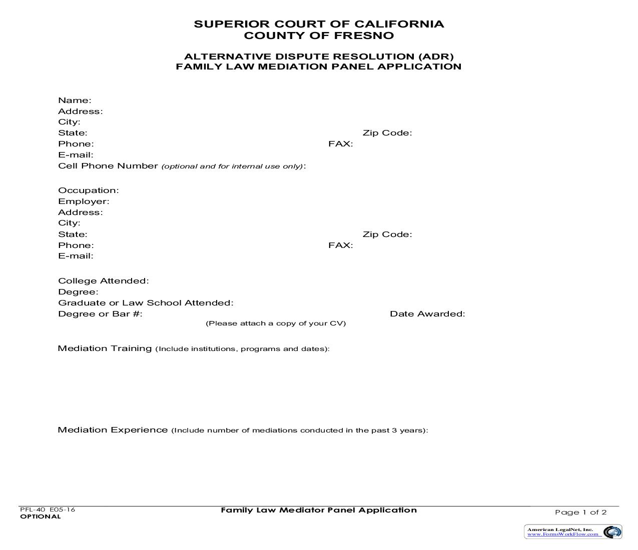 Alternative Dispute Resolution (ADR) Family Law Mediation Panel Application {PFL-40} | Pdf Fpdf Doc Docx | California