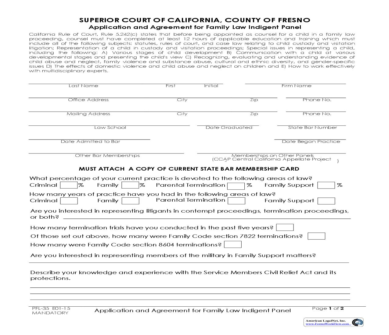 Application And Agreement For Family Law Indigent Panel {PFL-35} | Pdf Fpdf Doc Docx | California