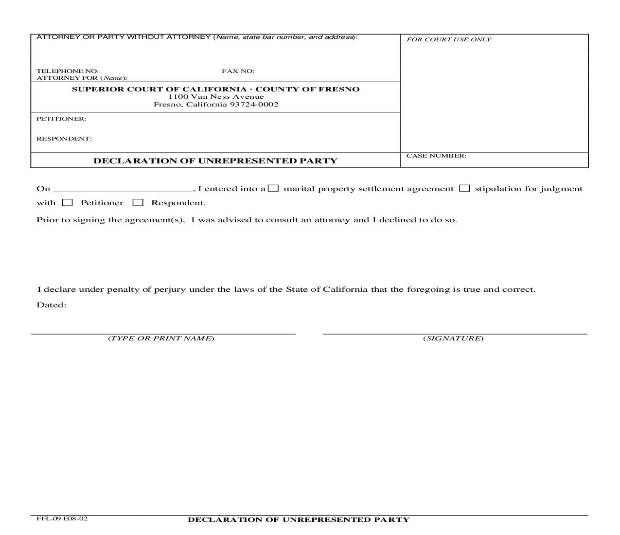 Declaration Of Unrepresented Party {FFL-09} | Pdf Fpdf Doc Docx | California