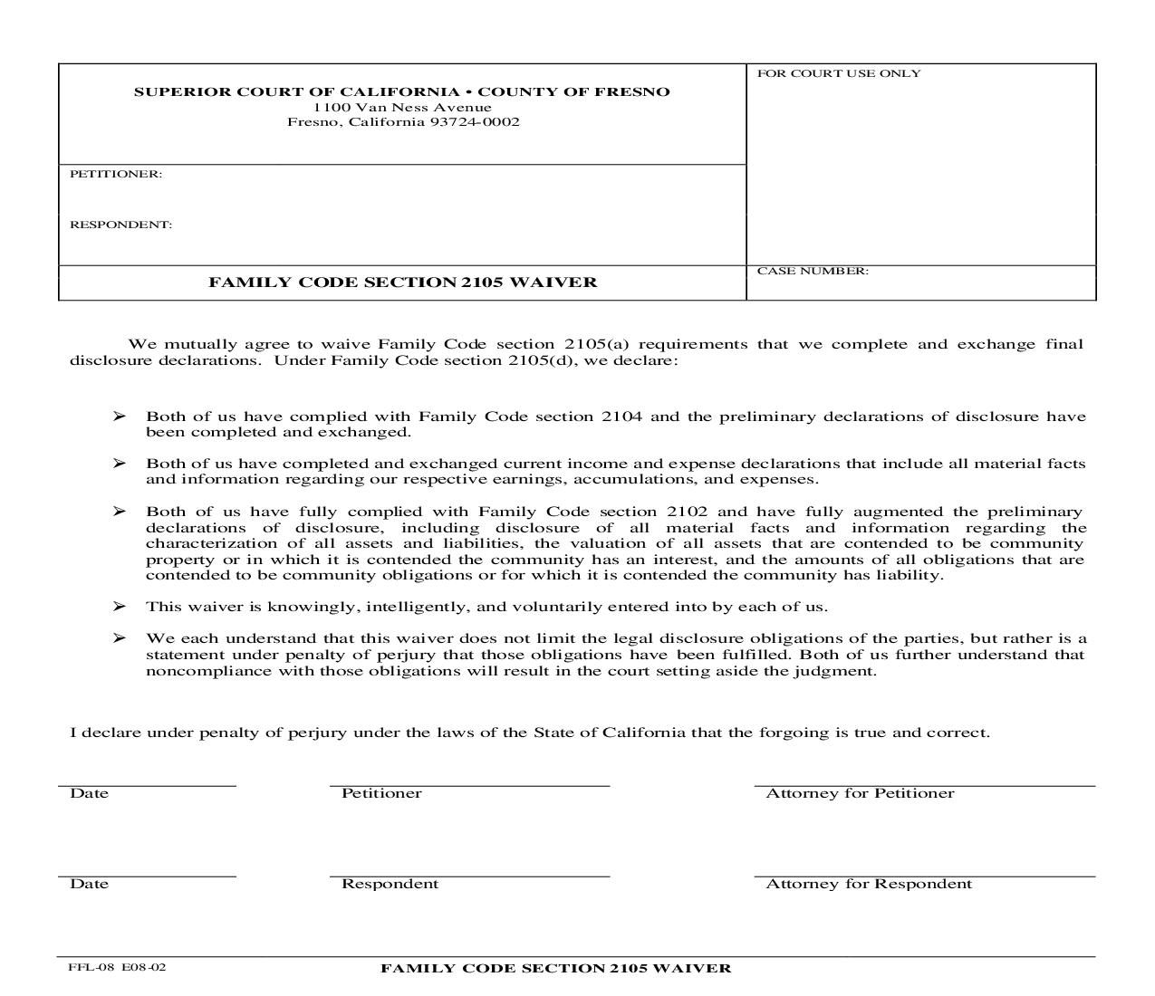 Family Code Section 2105 Waiver {FFL-08} | Pdf Fpdf Doc Docx | California