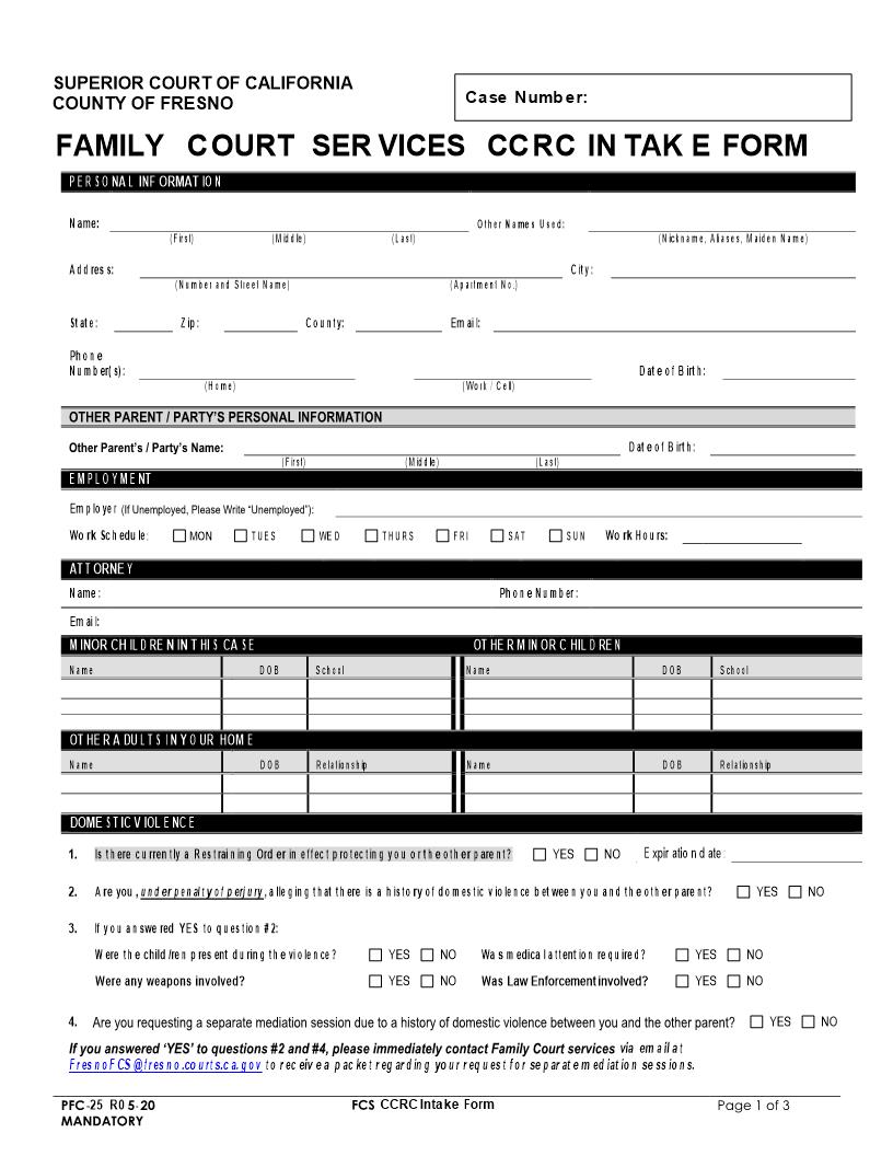 Family Court Services (CCRC) Intake Form {PFC-25} | Pdf Fpdf Docx | California