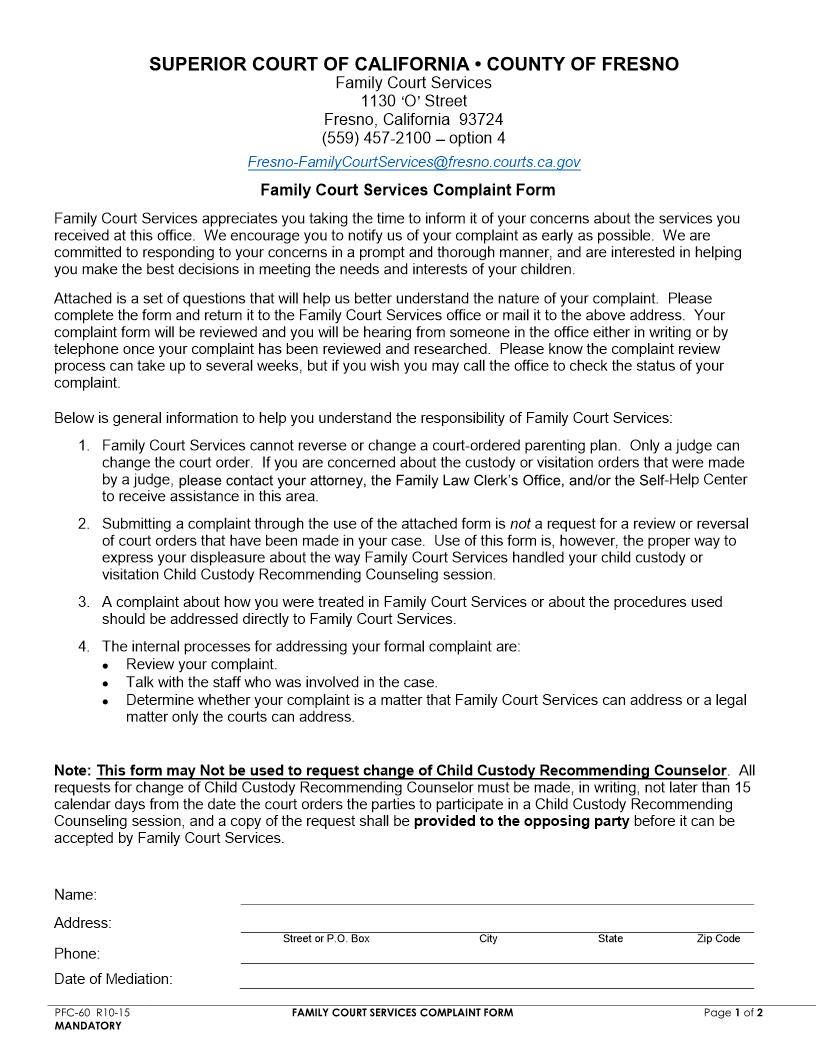 Family Court Services Complaint Form {PFC-60} | Pdf Fpdf Doc Docx | California
