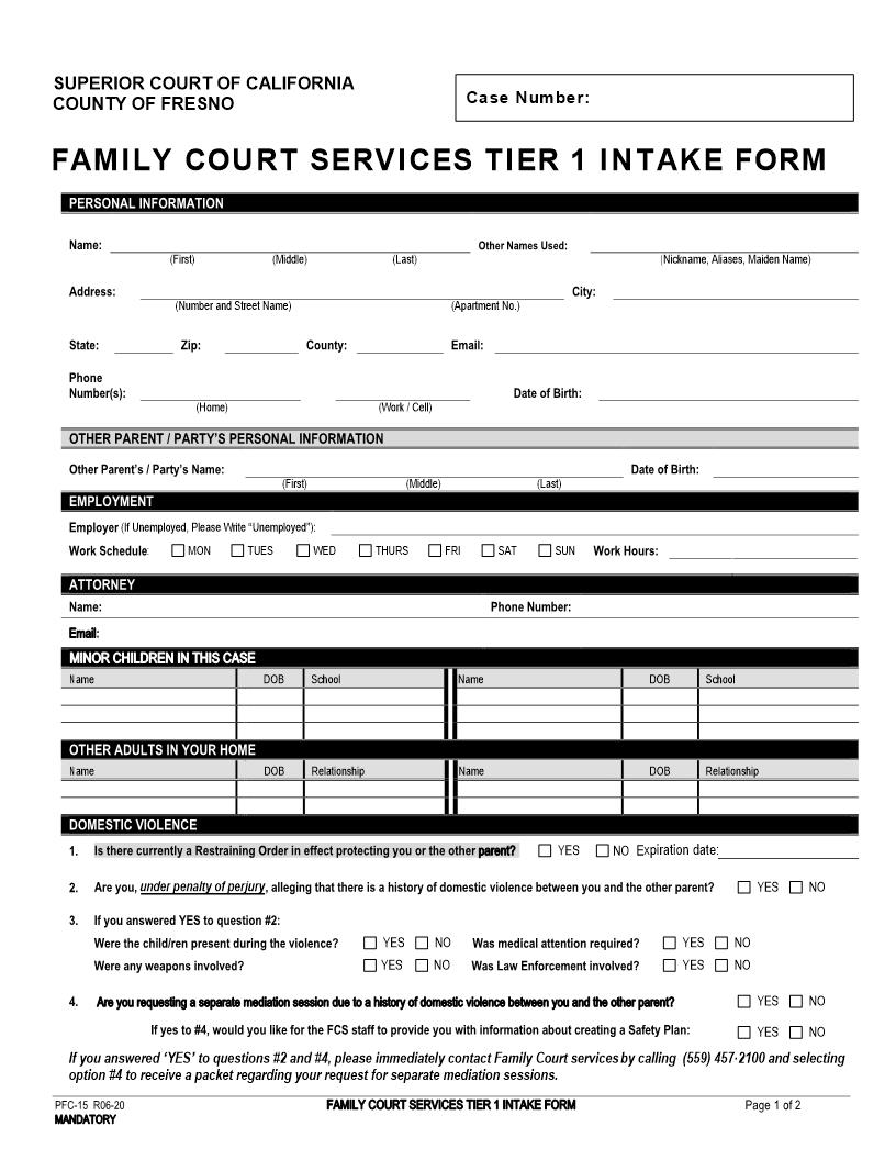 Family Court Services Tier 1 Intake Form {PFC-15} | Pdf Fpdf Docx | California