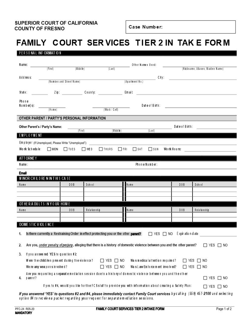 Family Court Services Tier 2 Intake Form {PFC-24} | Pdf Fpdf Docx | California
