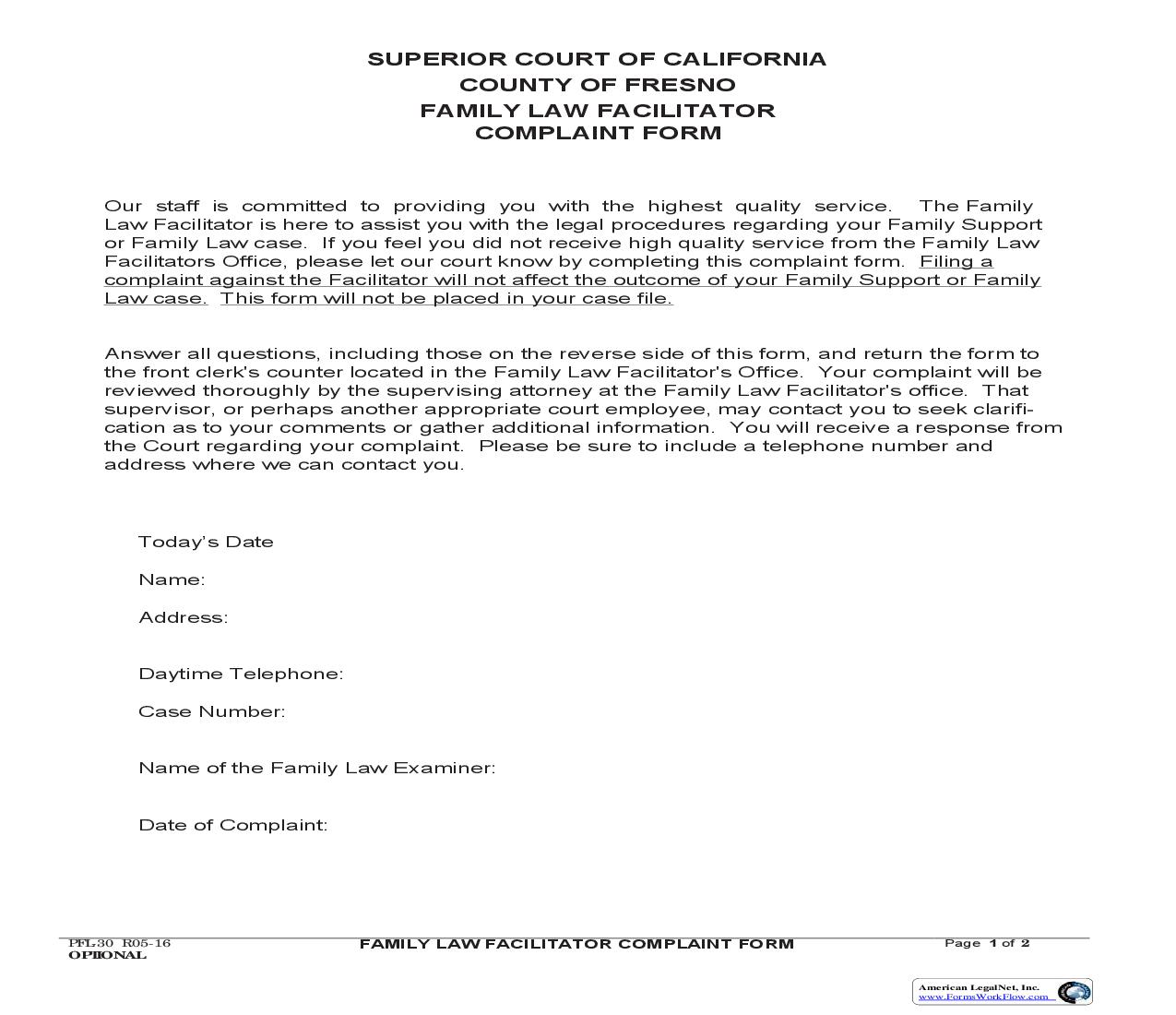 Family Law Facilitator Complaint Form {PFL-30} | Pdf Fpdf Doc Docx | California