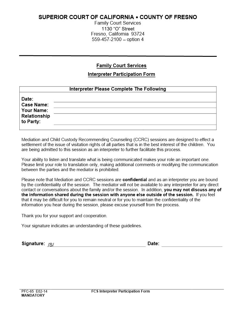 Interpreter Participation Form {PFC-65} | Pdf Fpdf Docx | California