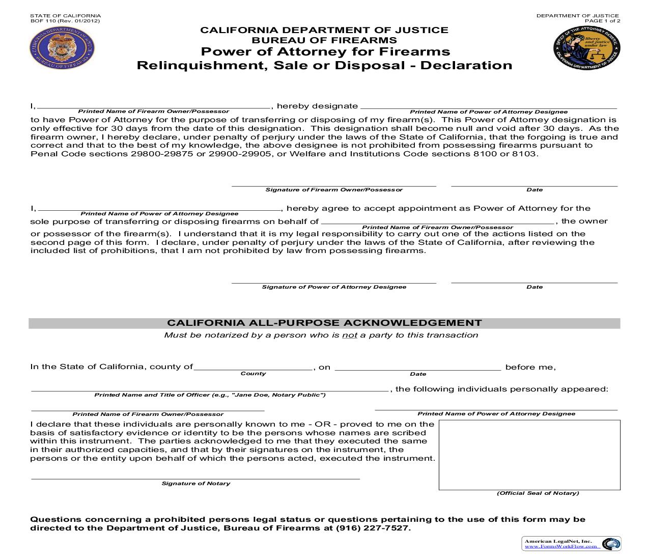 Power Of Attorney (For Transfer Of Firearms) {BOF-110} | Pdf Fpdf Doc Docx | California