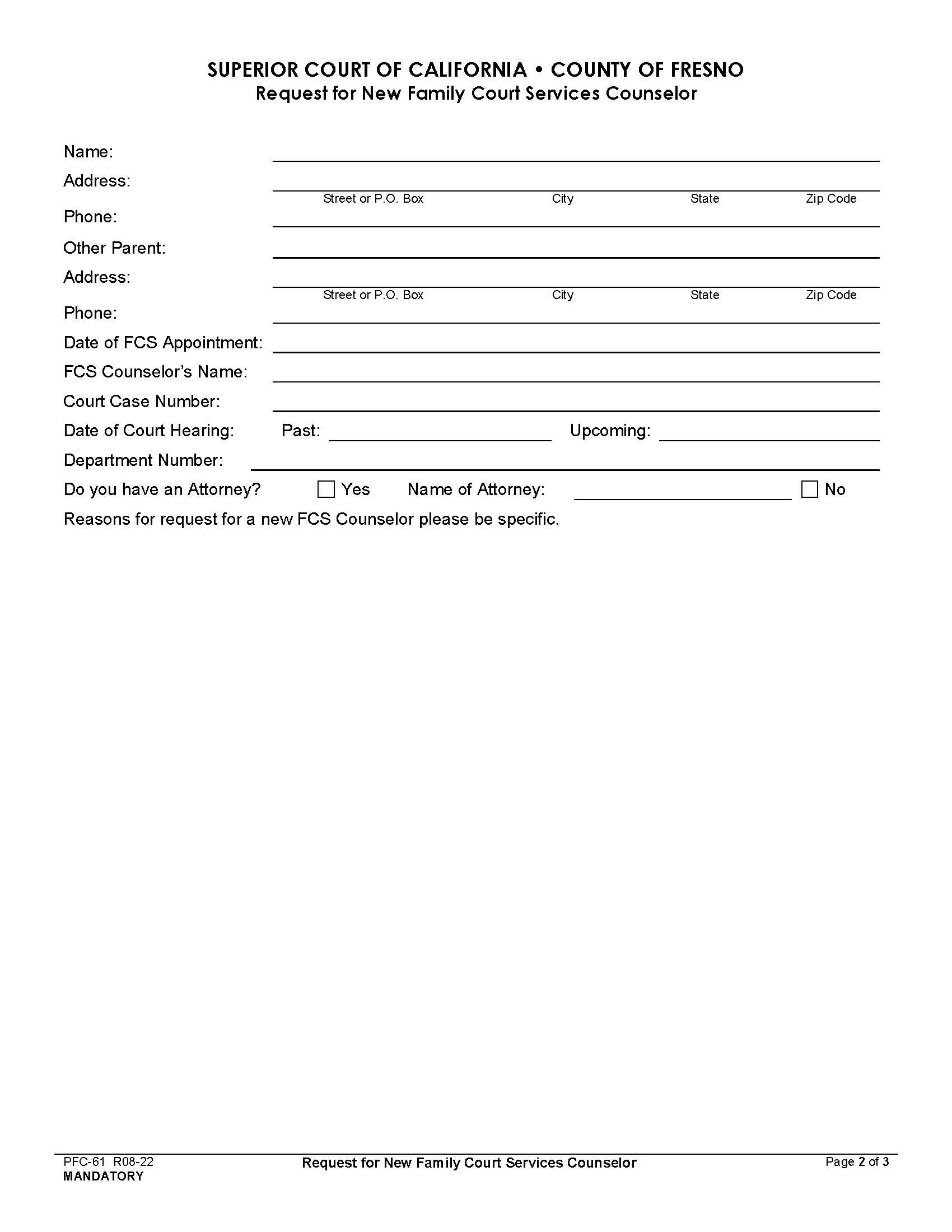 Request For New Child Custody Recommending Counselor (CCRC) {PFC-61} | Pdf Fpdf Doc Docx | California