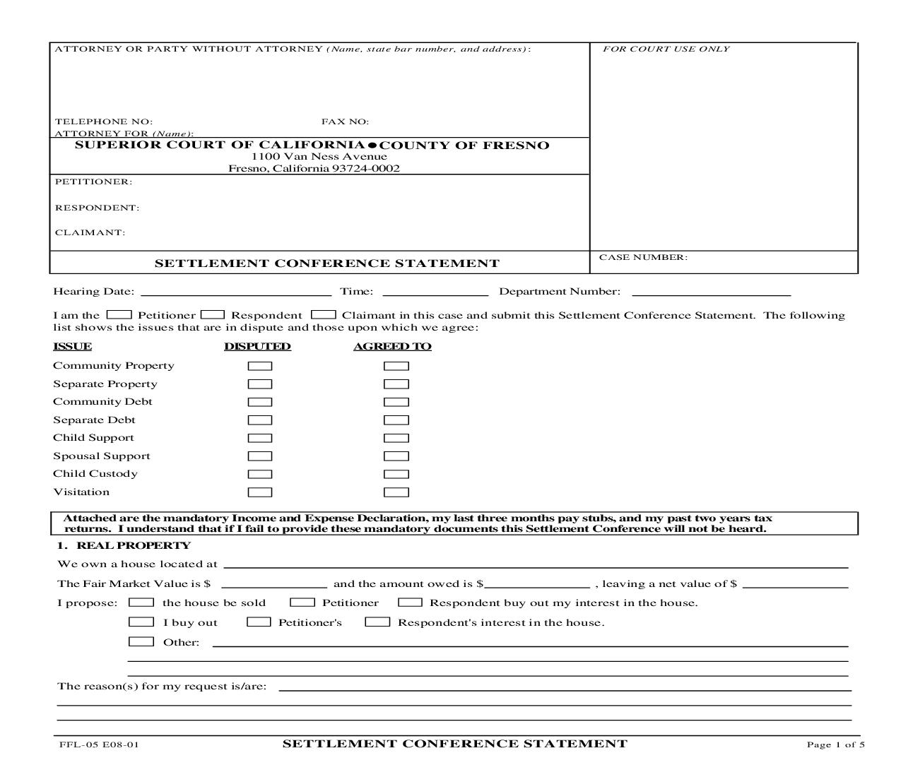 Settlement Conference Statement {FFL-5} | Pdf Fpdf Doc Docx | California