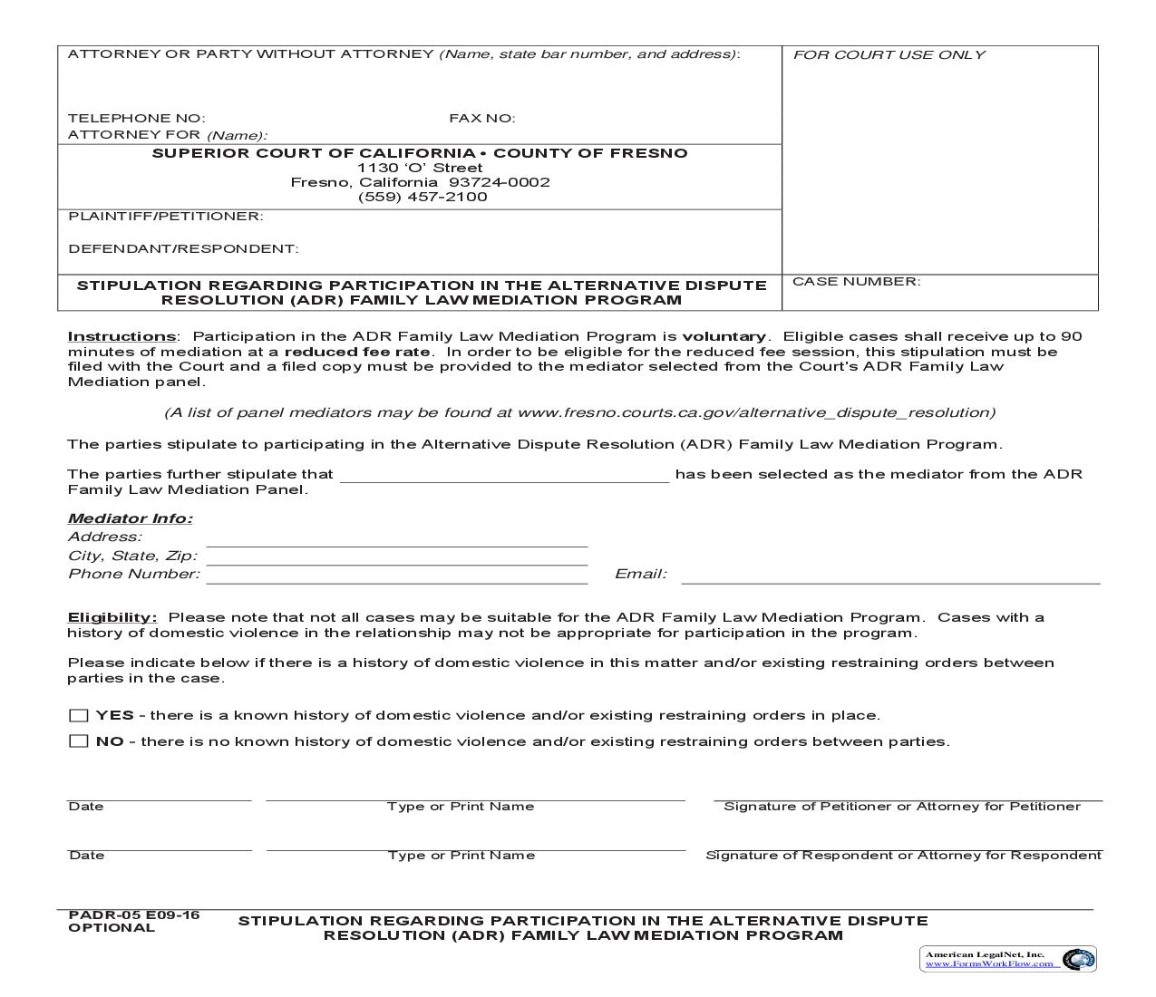 Stipulation Regarding Participation In Alternative Dispute Resolution (ADR) Family Law {PADR-05} | Pdf Fpdf Doc Docx | California
