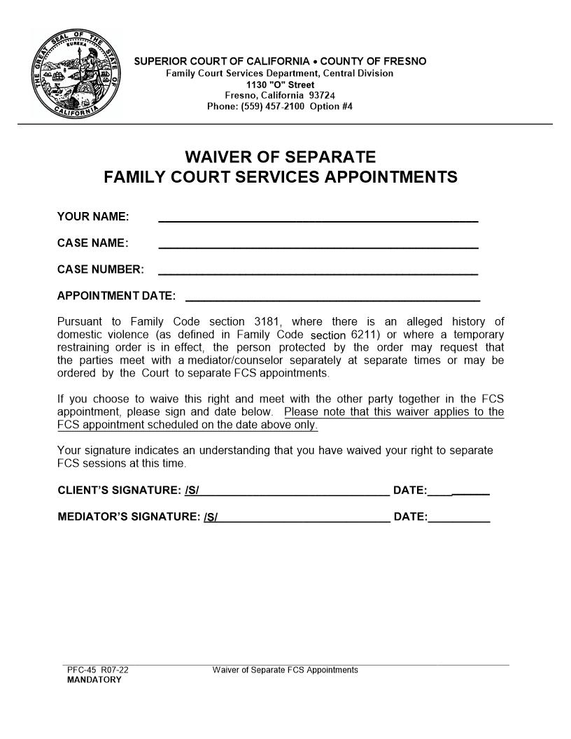 Waiver Of Separate FCS Appointments {PFC-45} | Pdf Fpdf Docx | California