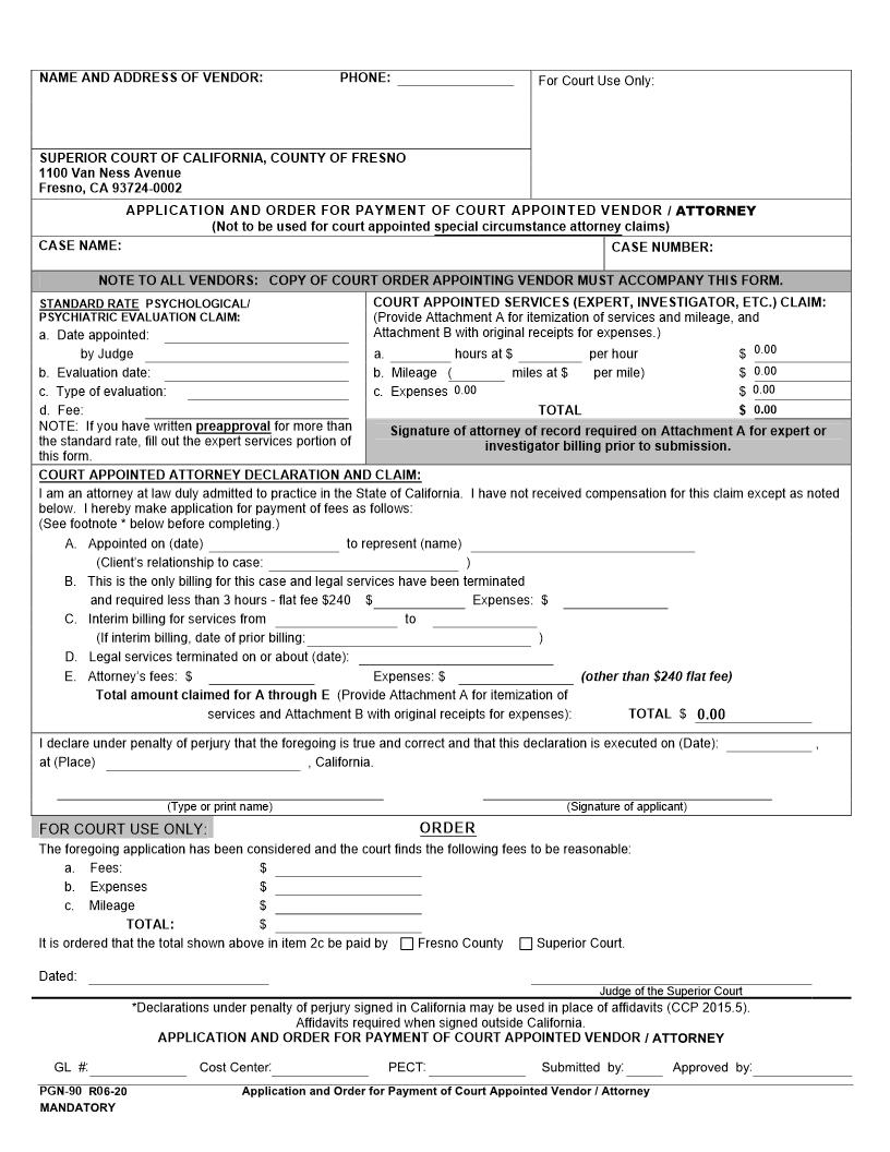 Application And Order For Payment Of Court Appointed Vendor-Attorney {PGN-90} | Pdf Fpdf Docx | California