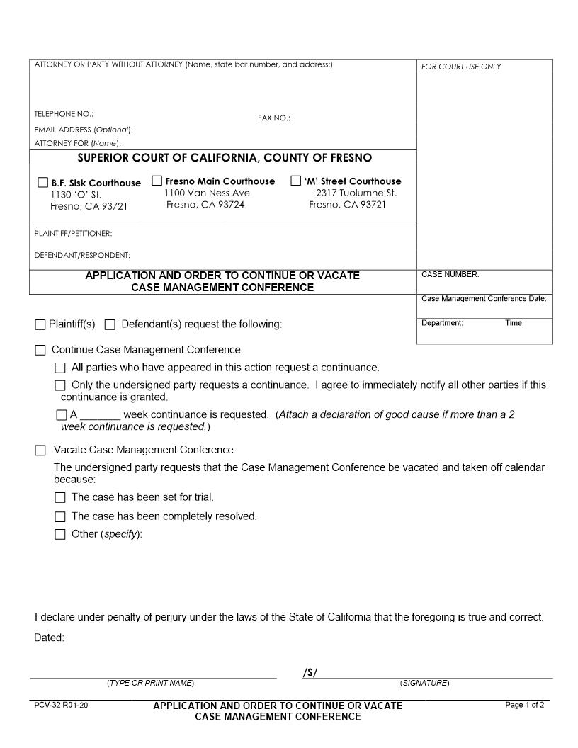 Application And Order To Continue Or Vacate Case Management Conference {PCV-32} | Pdf Fpdf Docx | California