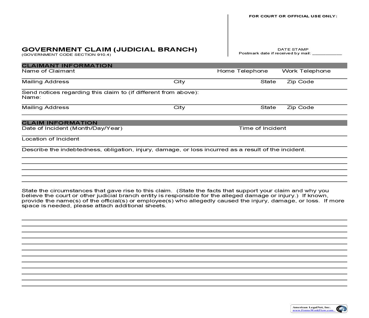 Government Claim (Judicial Branch) | Pdf Fpdf Doc Docx | California
