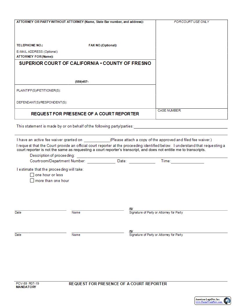 Request For Presence Of A Court Reporter {PCV-59} | Pdf Fpdf Docx | California