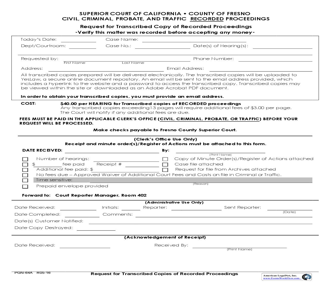 Request For Transcribed Copy Of Recorded Proceedings {PGN-64A} | Pdf Fpdf Doc Docx | California