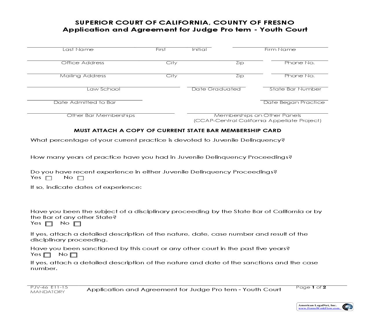 Application And Agreement For Judge Pro Tem-Youth Court {PJV-46} | Pdf Fpdf Doc Docx | California