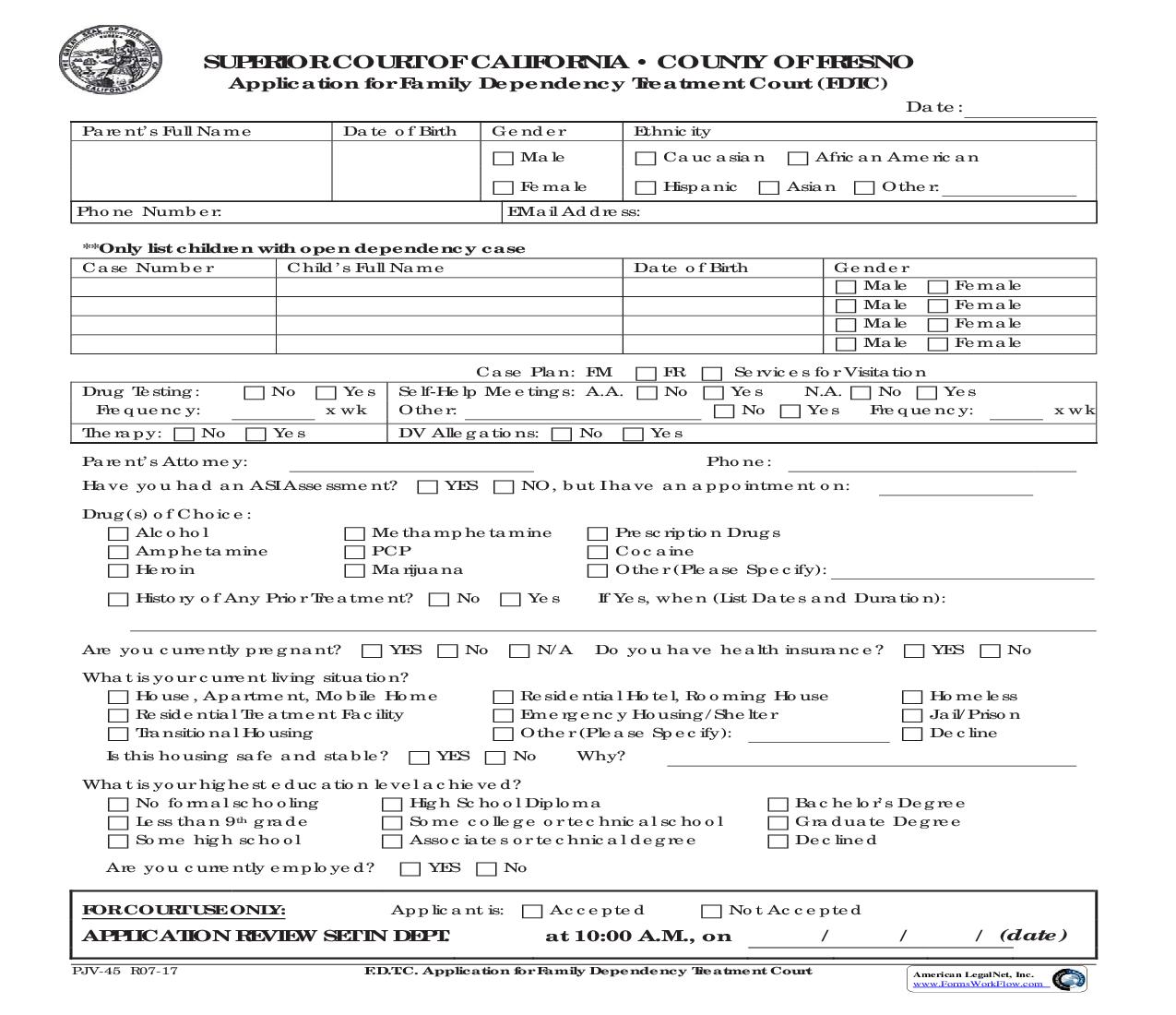 Application For Family Dependency Treatment Court (FDTC) {PJV-45} | Pdf Fpdf Doc Docx | California