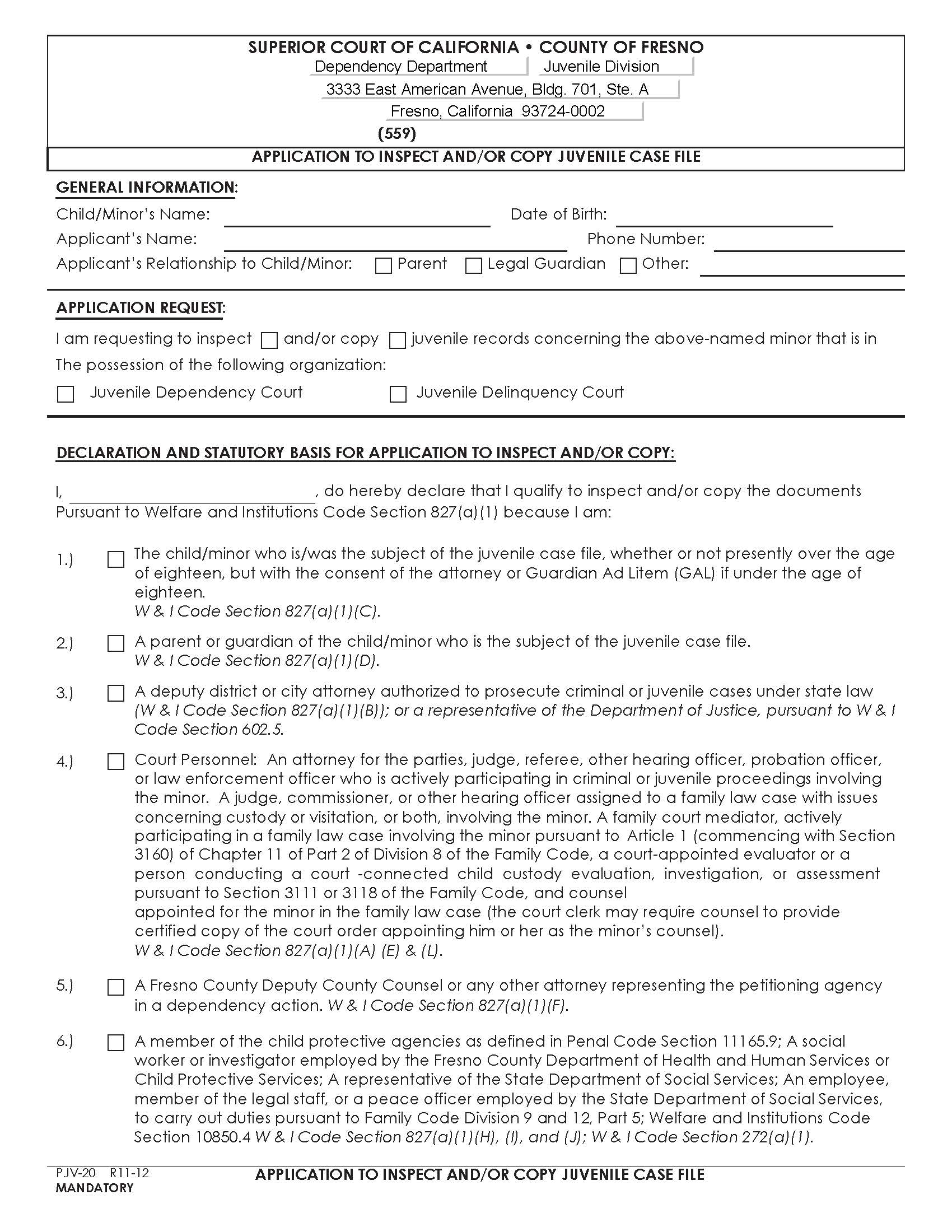 Application To Inspect And-Or Copy Juvenile Case File {PJV-20} | Pdf Fpdf Doc Docx | California