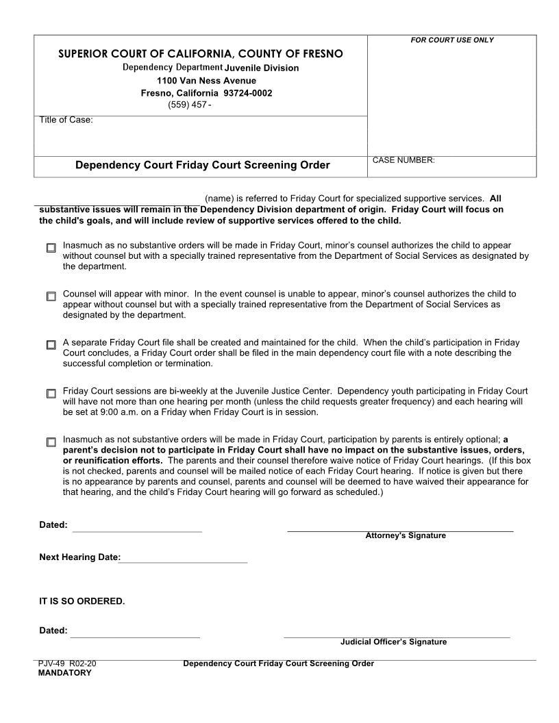 Dependency Court Friday Court Screening Order {PJV-49} | Pdf Fpdf Docx | California