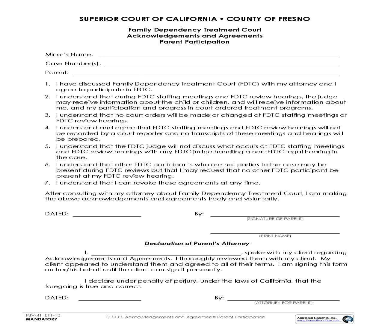 FDTC Acknowledgements And Agreements Parent Participation {PJV-41} | Pdf Fpdf Doc Docx | California