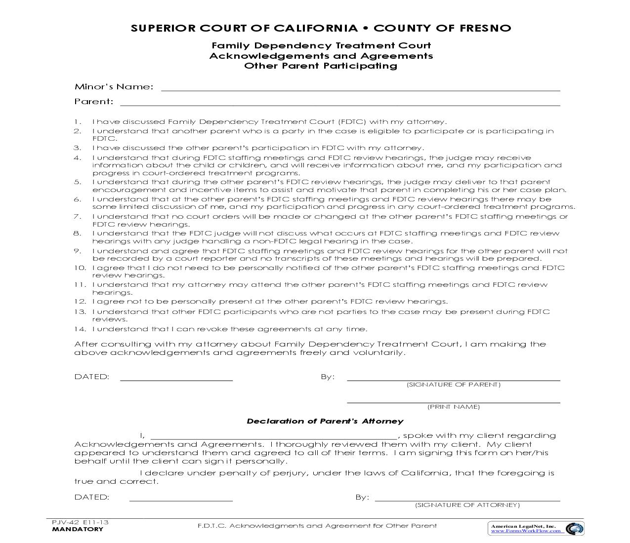 FDTC Acknowledgments And Agreement For Other Parent {PJV-42} | Pdf Fpdf Doc Docx | California