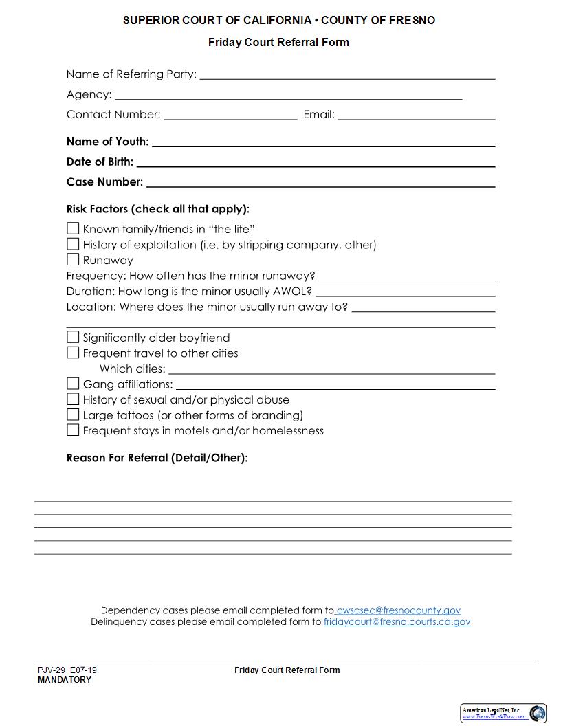 Friday Court Referral Form {PJV-29} | Pdf Fpdf Docx | California