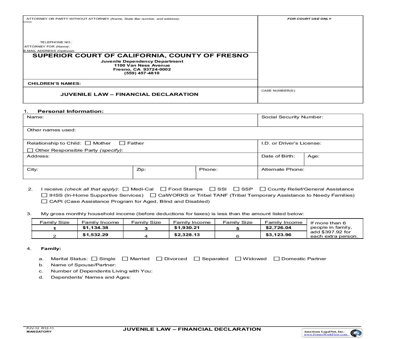 Juvenile Law-Financial Declaration {PJV-12} | Pdf Fpdf Doc Docx | California