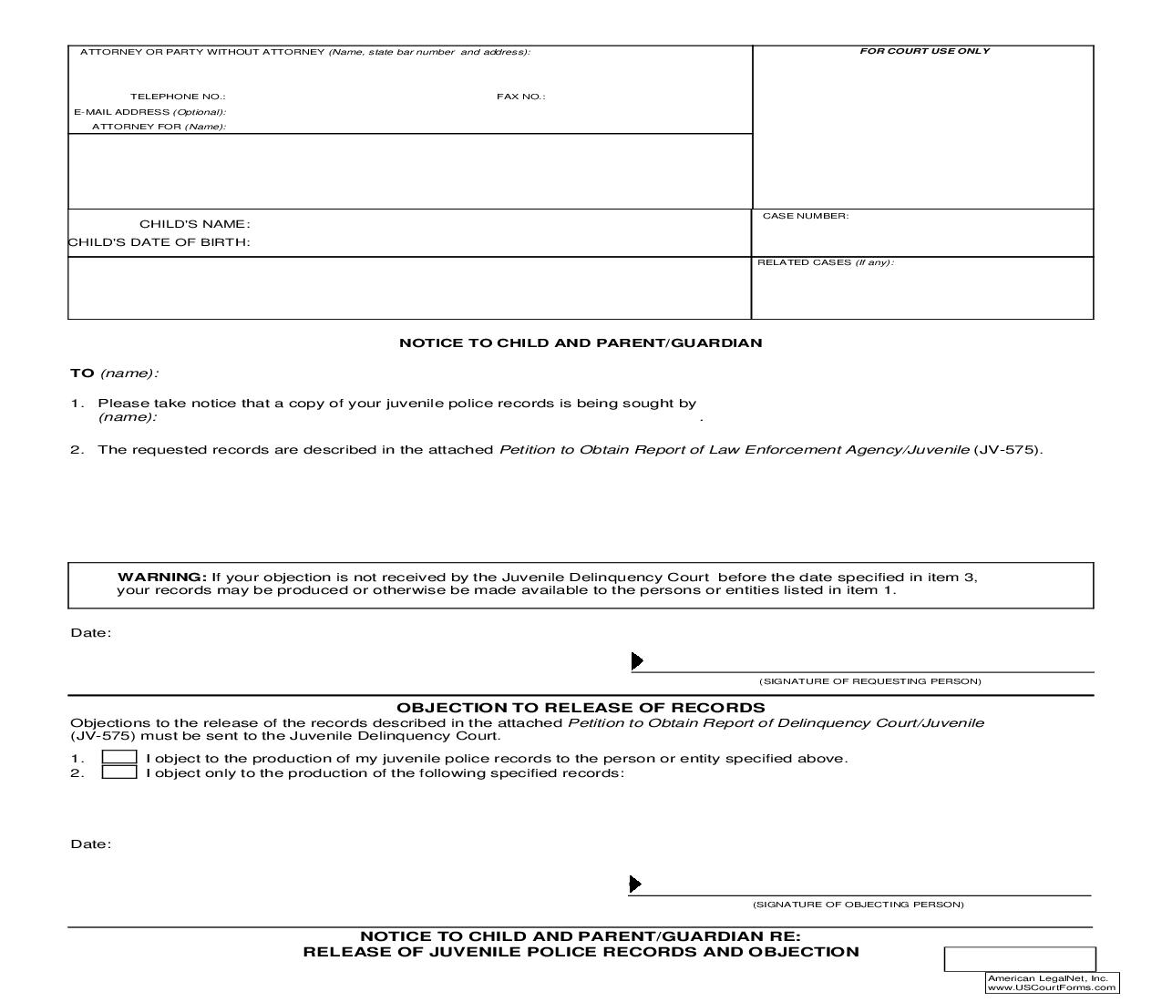 Notice To Child And Parent-Guardian Re Release Of Juvenile Police Records And Objection {FJV-18} | Pdf Fpdf Doc Docx | California