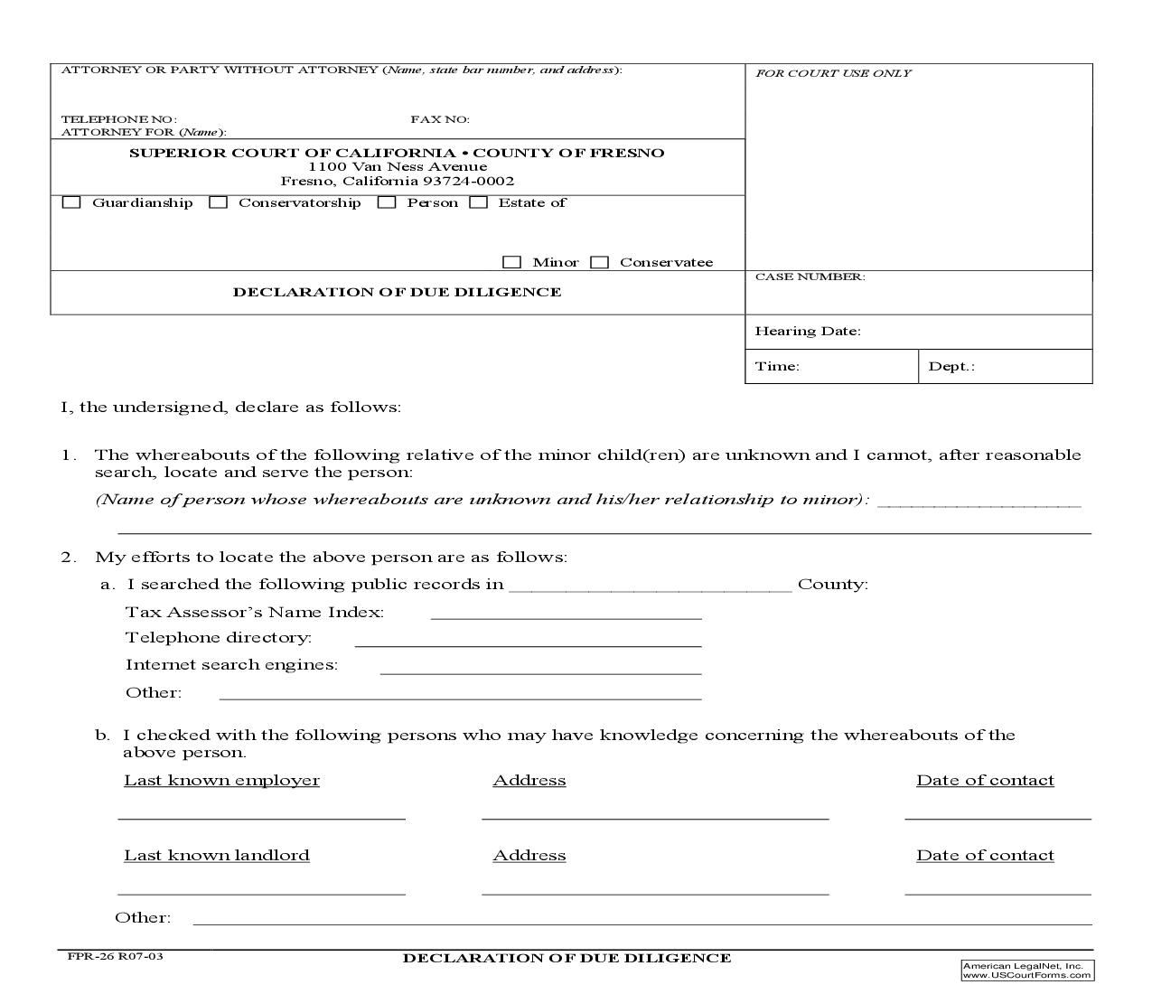 Declaration Of Due Diligence {FPR-26} | Pdf Fpdf Doc Docx | California