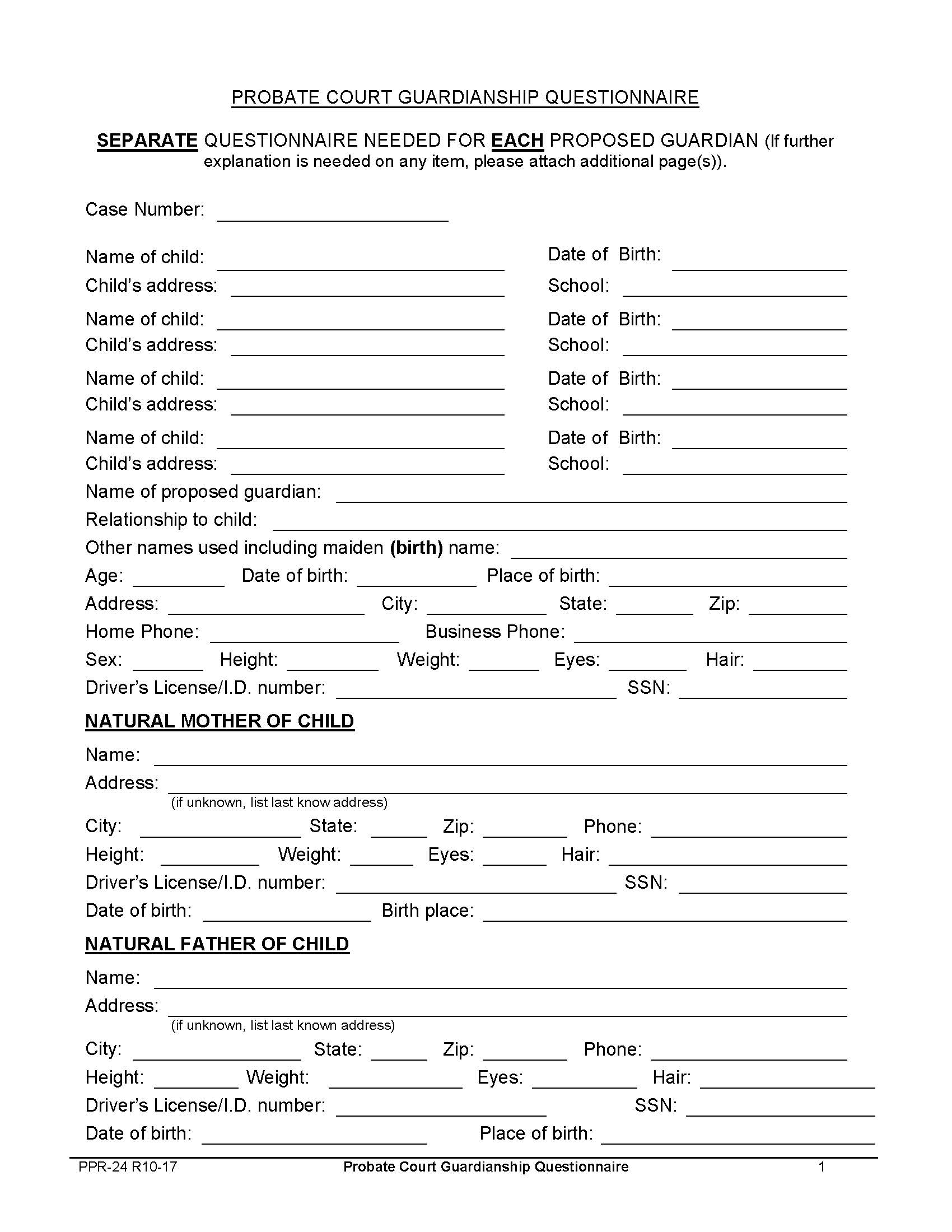 Probate Court Guardianship Questionnaire {PPR-24} | Pdf Fpdf Doc Docx | California