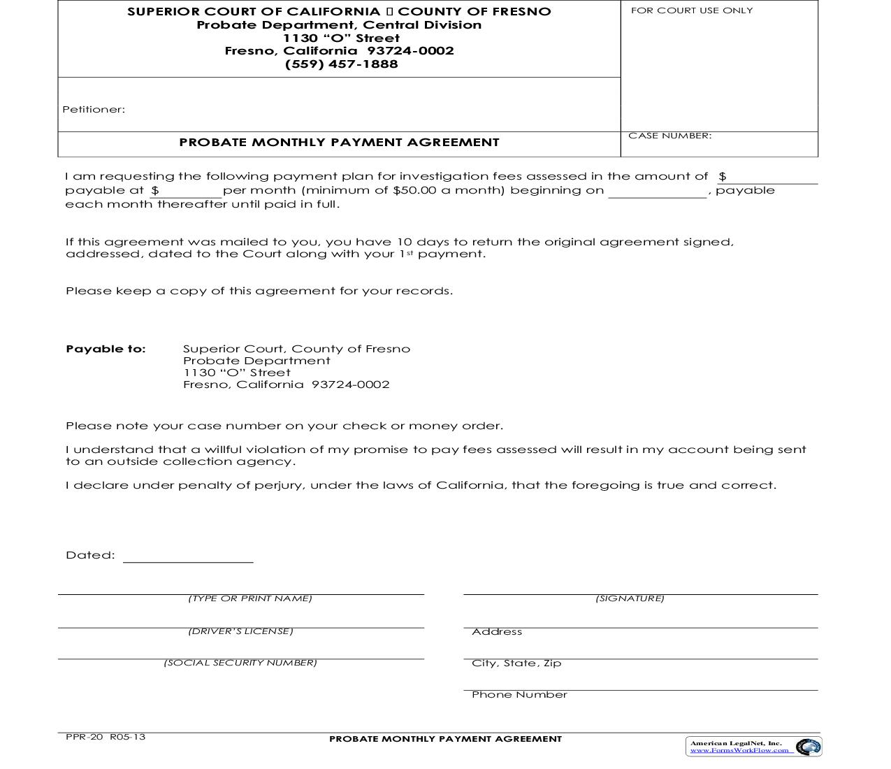 Probate Monthly Payment Agreement {PPR-20} | Pdf Fpdf Doc Docx | California