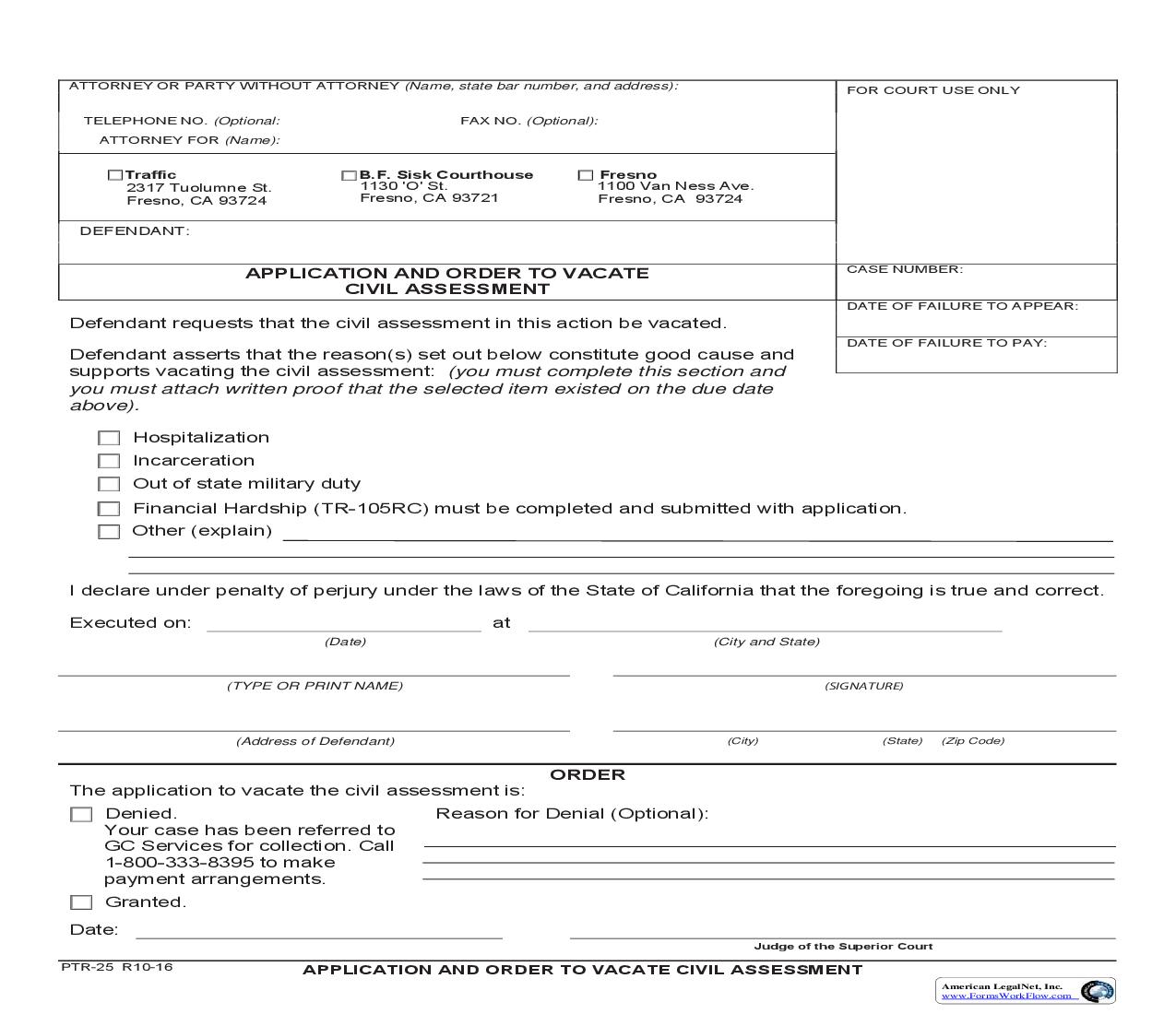 Application And Order To Vacate Civil Assessment {PTR-25} | Pdf Fpdf Docx | California