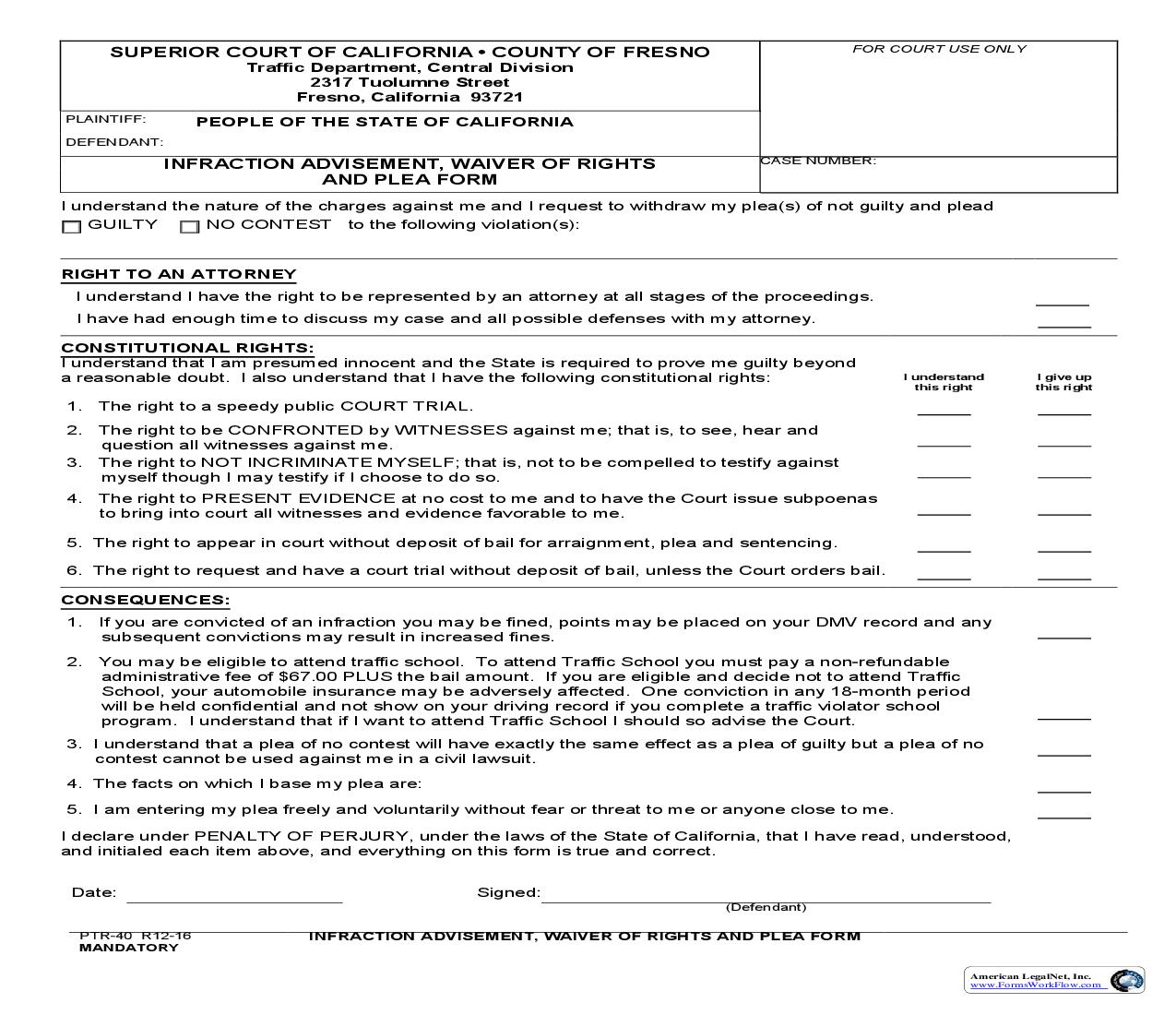 Infraction Advisement Waiver Of Rights And Plea Form {PTR-40} | Pdf Fpdf Doc Docx | California