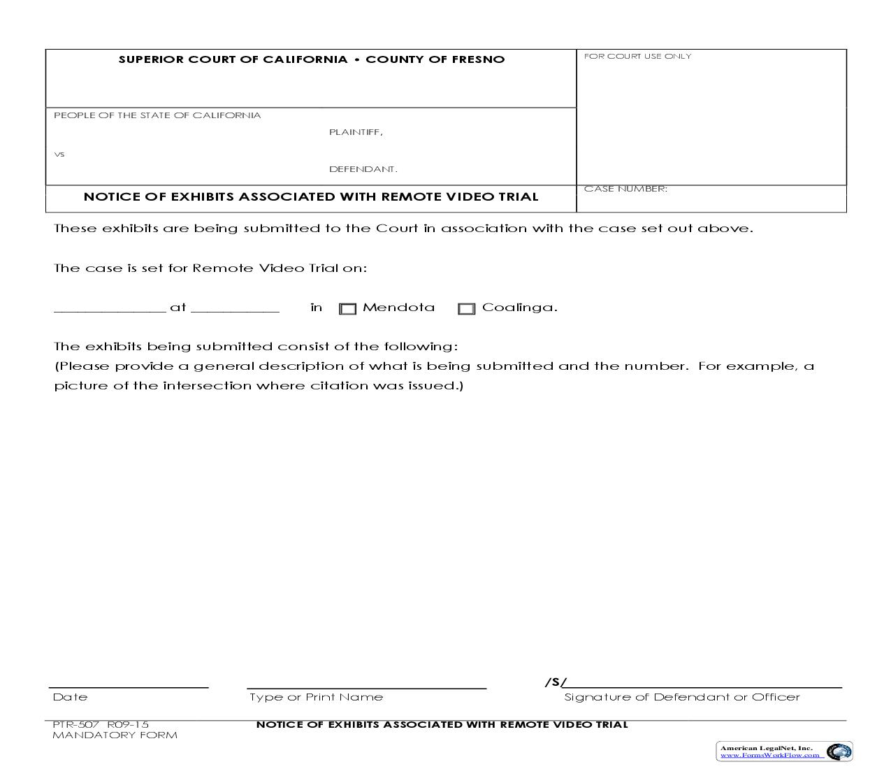Notice Of Exhibits Associated With Remote Video Trial {PTR-507} | Pdf Fpdf Doc Docx | California