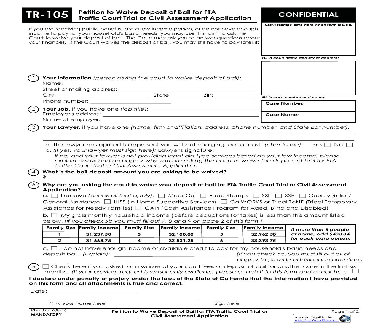 Petition To Waive Deposit Of Bail For FTA Traffic Court Trial {PTR-105} | Pdf Fpdf Doc Docx | California