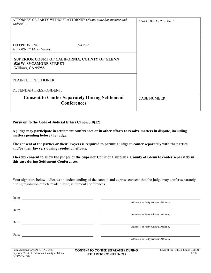Consent To Confer Separately During Settlement Conferences {GCSC CV-240} | Pdf Fpdf Docx | California