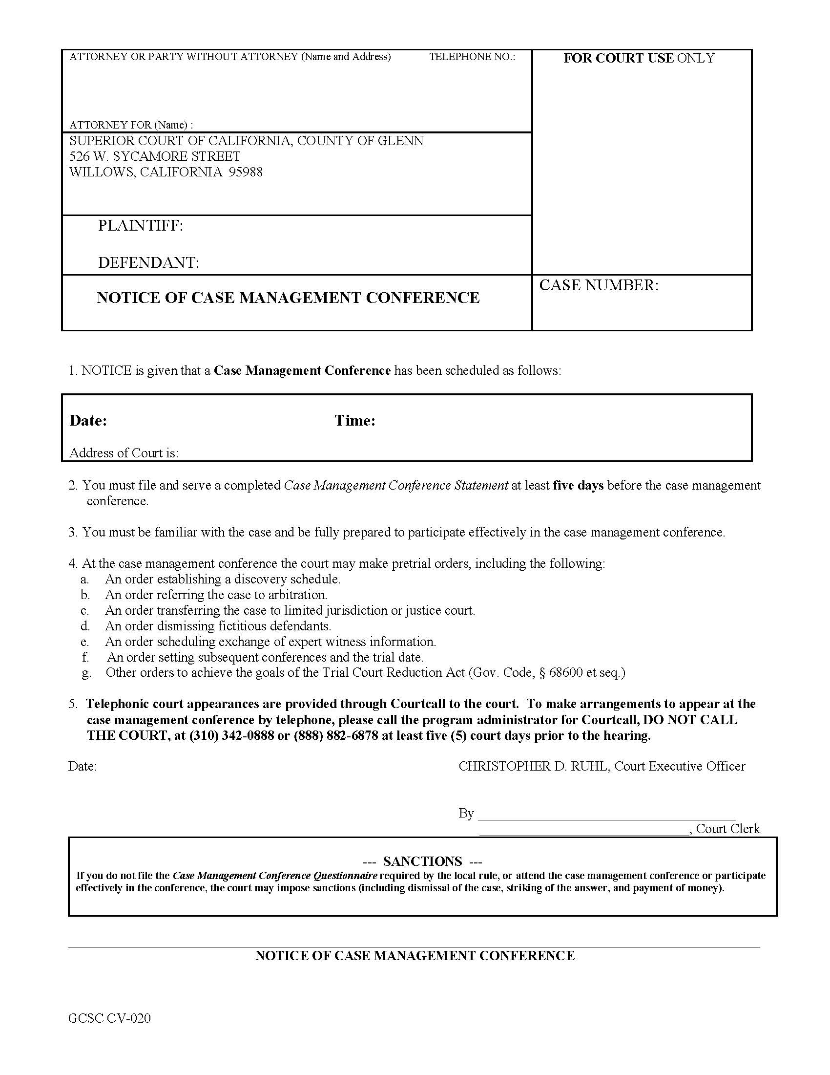 Notice Of Civil Case Management Conference {GCSC CV-020} | Pdf Fpdf Docx | California