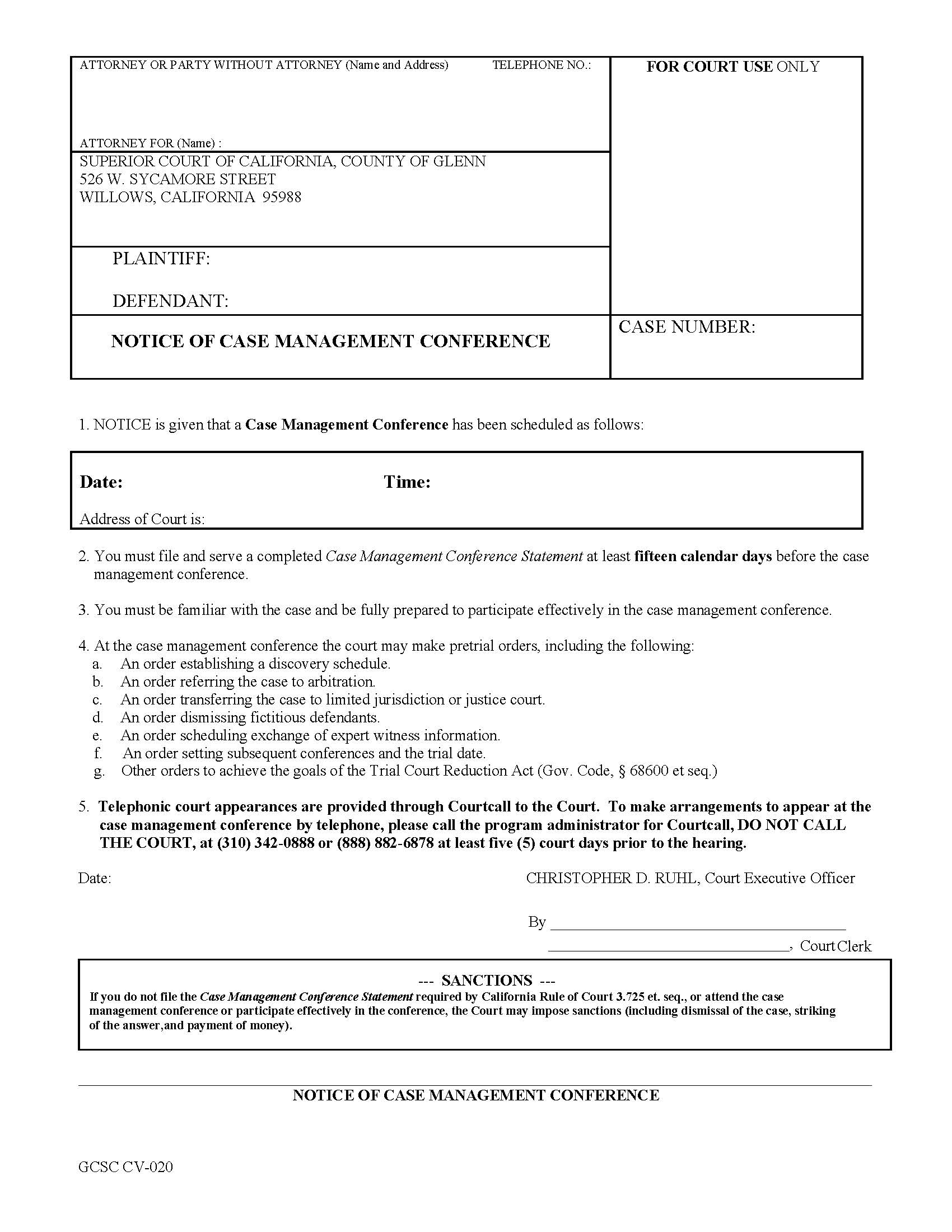 Notice Of Civil Case Management Conference {GCSC CV-020} | Pdf Fpdf Docx | California