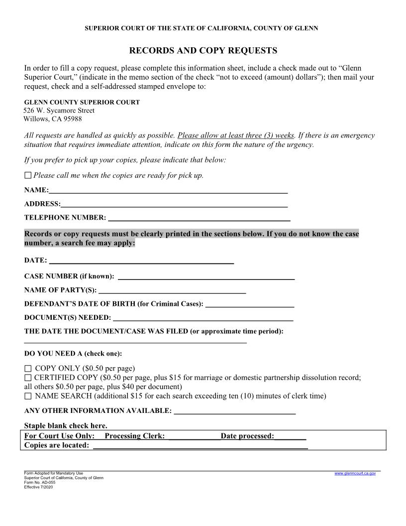 Records And Copy Request {AD-055} | Pdf Fpdf Docx | California