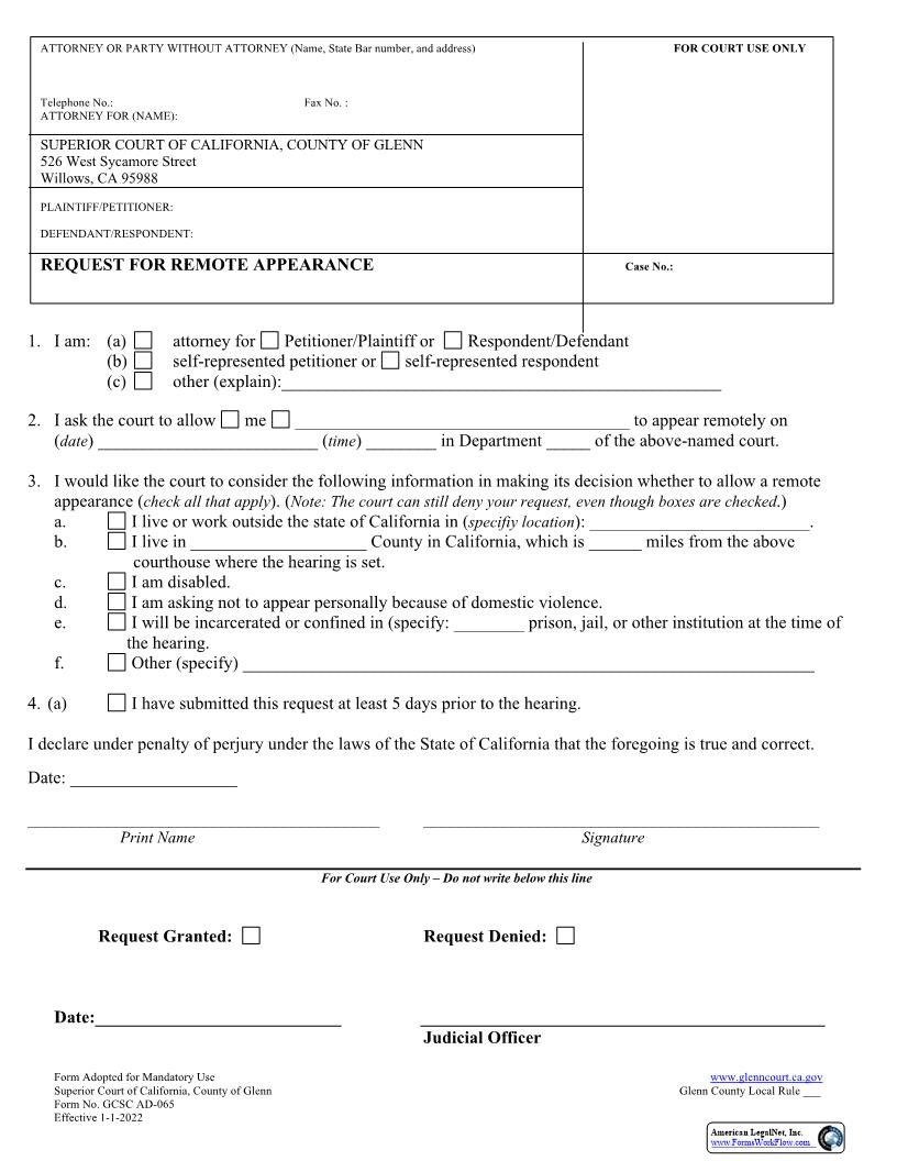 Request For Remote Appearance {AD-065} | Pdf Fpdf Docx | California