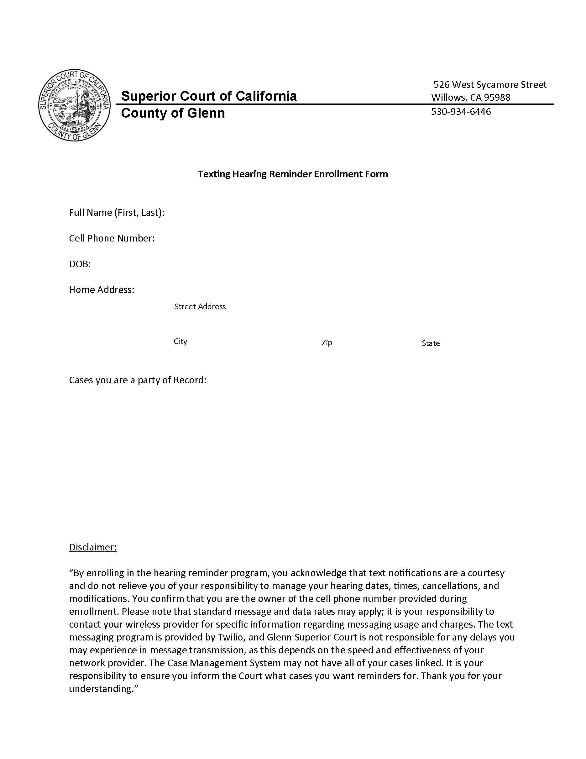 Texting Hearing Reminder Enrollment Form {TXT} | Pdf Fpdf Docx | California