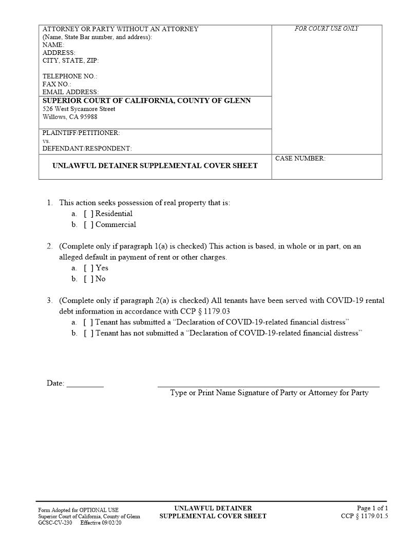 Unlawful Detainer Supplemental Cover Sheet  {GCSC CV-230} | Pdf Fpdf Docx | California
