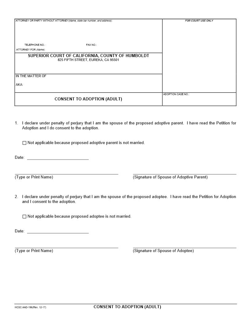 Consent-Adoption Of Adult {AAD-196} | Pdf Fpdf Docx | California