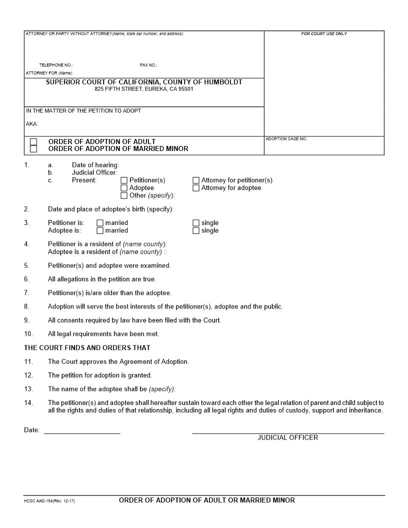 Order Of Adoption Of Adult {AAD-194} | Pdf Fpdf Docx | California
